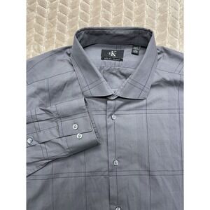 Calvin Klein Mens 15.5 34/35 Gray Button Up Shirt  Long‎ Sleeve Slim Fit Stretch